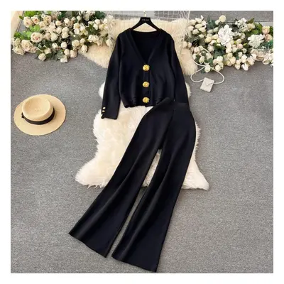 (black, One Size) Autumn Winter Golden Buttons V Neck Pocket Cardigan Sweaters + Wide Leg Pants 