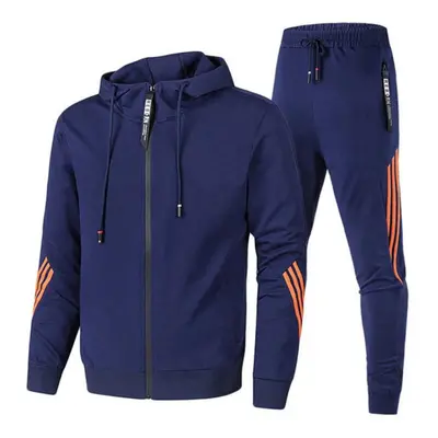 (navy blue, XL) Large Size Men&apos;s Autumn And Winter Fashion Casual Tracksuit Set Jacket Swea