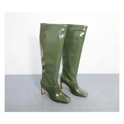 (green, 39) Meotina Women Knee-high Boots Shoes Square Toe Chunky Heels Long Boots Extreme High 