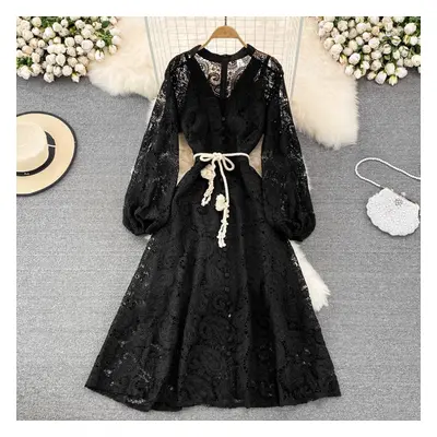 (black, XL) Rugod Spring Retro Palace Style V-neck Crocheted Hollow Waist Lace Dress Seaside Hol