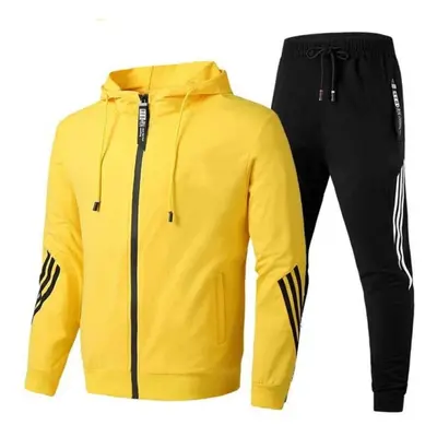 (yellow, XXL) Large Size Men&apos;s Autumn And Winter Fashion Casual Tracksuit Set Jacket Sweatp