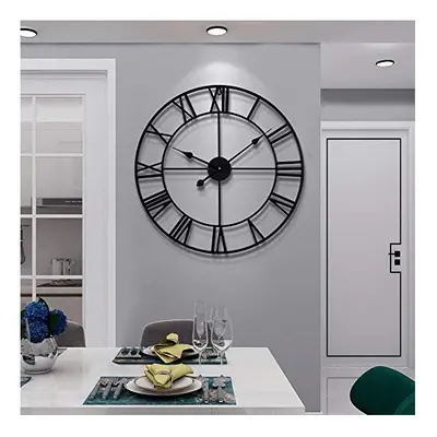 Vintage Large Wall Clock Round Metal Silent Non-ticking Battery Operated 60cm Black Roman Numera