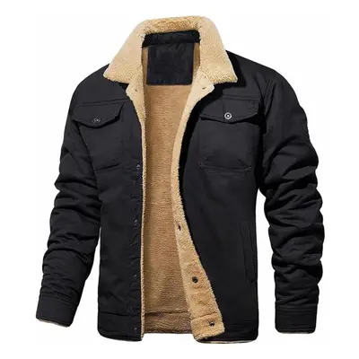 (black, 3XL) Winter Coat Fleece Cargo Jacket Pockets Lapel Collar Trucker Cotton Work Men