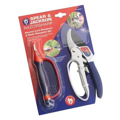 Spear & Jackson Razorsharp Ratchet Anvil Secateurs & Blade Sharpener - Red/Navy