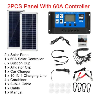 (2PCS Panel +60A Controller) 40W 12V Solar Panel Kit 60A/100A Battery Charger Controller Camping