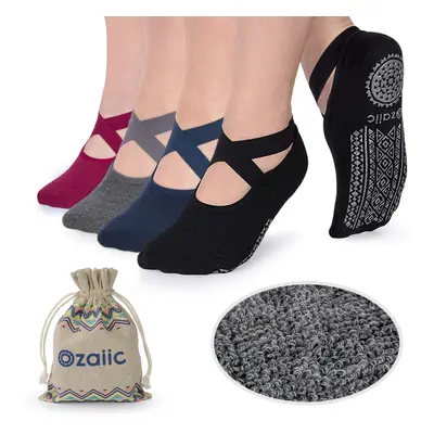 Ozaiic Non Slip Socks for Yoga Pilates Barre Fitness Hospital Socks for Women (4 Pairs - Black/N