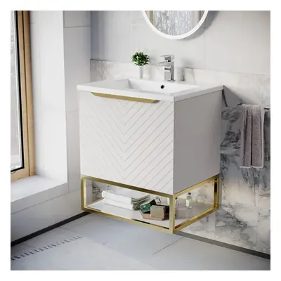 Nes Home 600mm Wall Hung Pink Drawers Basin Vanity Brushed Brass Frame & Handle