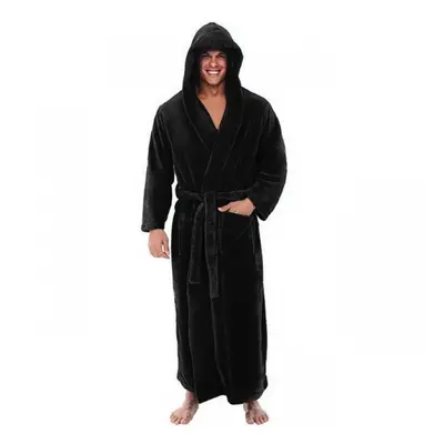 (3XL, Black) Men Long Hooded Bathrobe Soft Nightgown Robe Dressing Gown