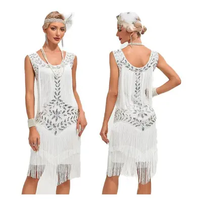 (white, M) 1920s Vintage Gatsby Ball Gown, Round Neck Sequin Embroidered Suspenders Large Size D