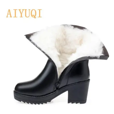 (black, 43) Winter Ankle Boots Women Black Real Leather Platform High Heel Warm Wool Snow Boots 