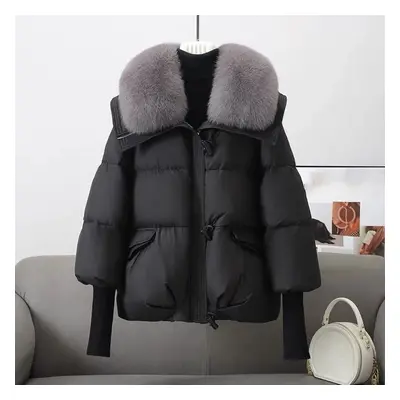 (black, L) Winter Women&apos;s Warm Coat Thicken Fur Collar Jacket Short Down Cotton Loose Outwe