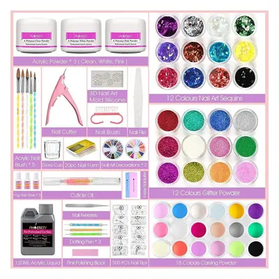 Acrylic Nail Art Kit Full Acrylic Glitter Powder Kit Professional Diy Acrylic Liquid Set Rhinest