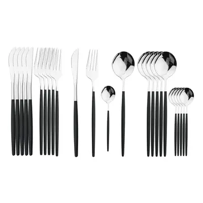 (black,silver, 24pcs) 24pcs Black Handle Golden Cutlery Set Stainless Steel Knife Fork Spoon Tab