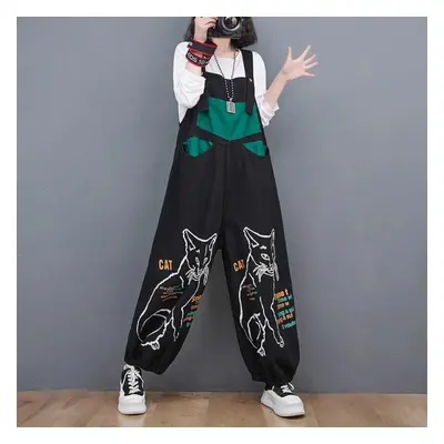 (black, L) Black Cartoon Printed Jumpsuits For Women Loose Vintage Streetwear Wide Leg Jumpsuits