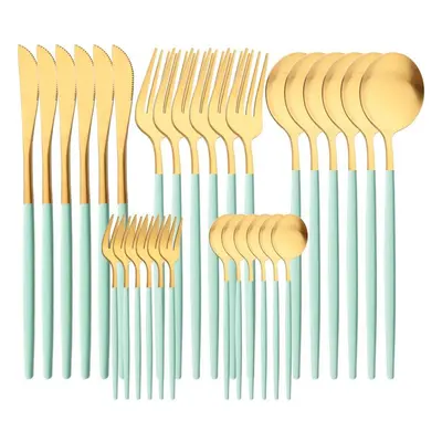 (mint green,gold) 30pcs White Gold Cutlery Set Matte Dinnerware Knife Fork Spoons Stainless Stee