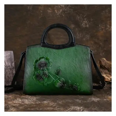 (green) Johnature Luxury Handbag Vintage Handmade Embossed Women Leather Bag Versatile Large Cap