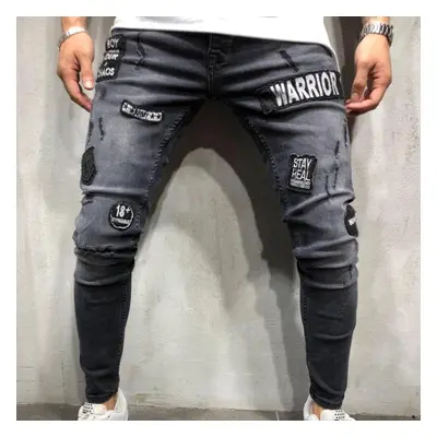 (gray, M) New Men&apos;s Jeans Skinny Jeans Black Hole Badge Patch Small Feet Denim Men&apos;s T