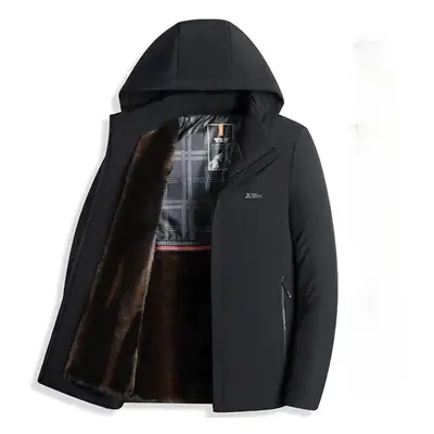 (black, 5XL(200)) Slim Fit Casual Detachable Warm And Plush Thick Winter Hooded Jacket