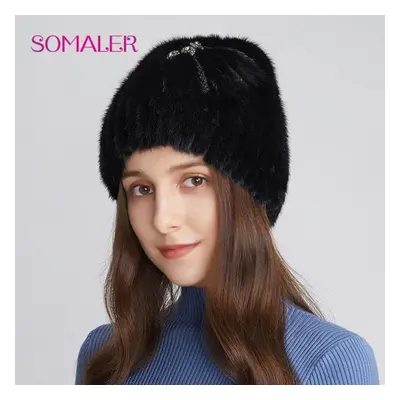 (black) Somaler Winter Real Mink Fur Hats For Women Knitted Warm Wool Hats Girls Skull Beanie Wi