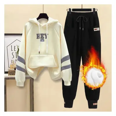 (apricot, M) Women&apos;s Autumn Warm Plus Fleece Hooded Sweatshirt High Waist Sweatpants Casual