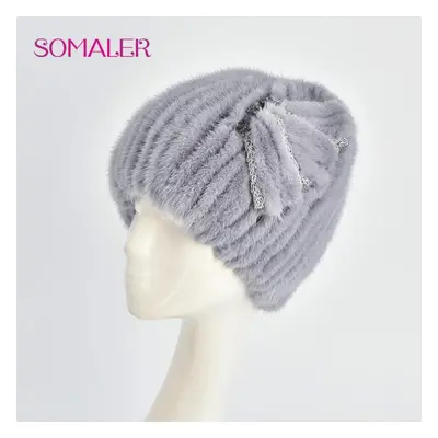 (light blue) Somaler Winter Real Mink Fur Hats For Women Knitted Warm Wool Hats Girls Skull Bean