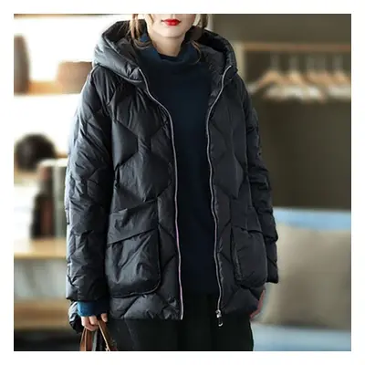 (black, L) Winter Hooded Down Jacket Women White Duck Down Jacket Casual Loose Outwear Hooded Pu