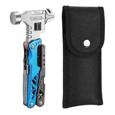 (blue) Outdoor Camping Multi-functional Round Head Hammer Stainless Steel Folding Claw Hammer Pl