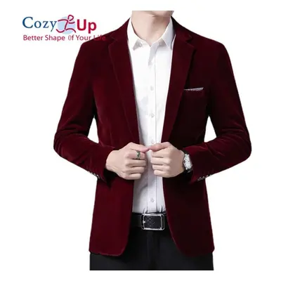 (burgundy, L) Cozy Up Autum Velvet Wedding Dress Coat Mens Blazer Jacket Fashion Casual Suit Jac