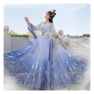 (blue, M) Sequins Gradient Shimmering Women Hanfu Traditional Chinese Dress Prom Formal Birthday