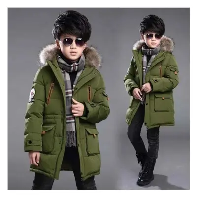 (army green, 140CM) Boy Child Coats Kids Down Jacket Winter Warm Fur Collar Hooded Coat Thicken 