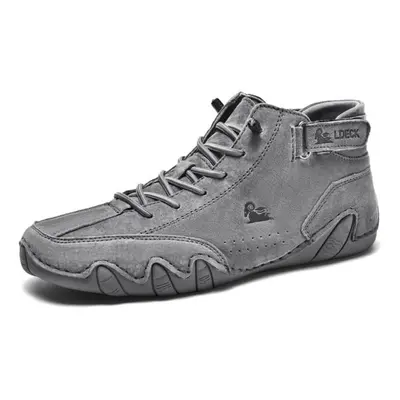 (gray, 47) Leather Casual Sneakers For Men Motorcycle Shoes New In Waterproof High Top Men Boors