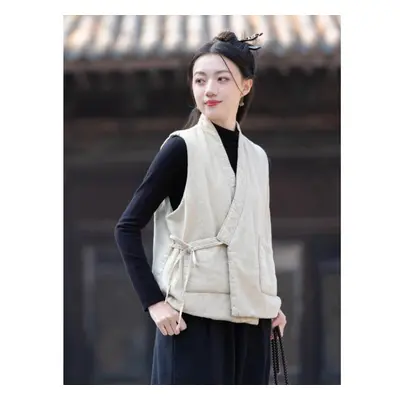 (beige, One Size) Johnature Women Chinese Style Bandage Vests Coats V-neck Linen Pockets Solid C