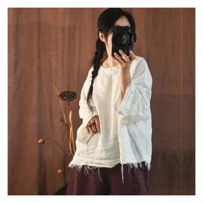 (white, One Size) Johnature Women Vintage Linen Shirts Solid Color Long Sleeve Tops Autumn Butto