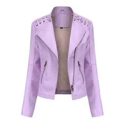 (light pink, XL) Women Autumn Winter Turn Down Collar Long Sleeve Slim Thin Zipper Pu Leather Mo