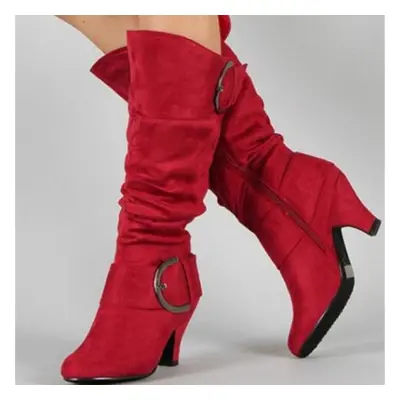 (red, 38) Women Mid Calf Boots Round Toe Block Mid Heels Pleated Buckle Zipper Ladies Fashion Ca