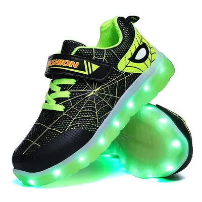 (Black Green , Kids) Boys Girls Led Light Up Sneaker For Kids Spiderman Trainers Xmas Gift Shoes