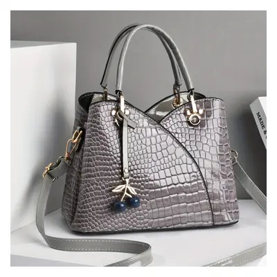 (grey) Classic Crocodile Embossed Tote Bag, All-Match Elegant Satchel Bag With Cherry Pendant