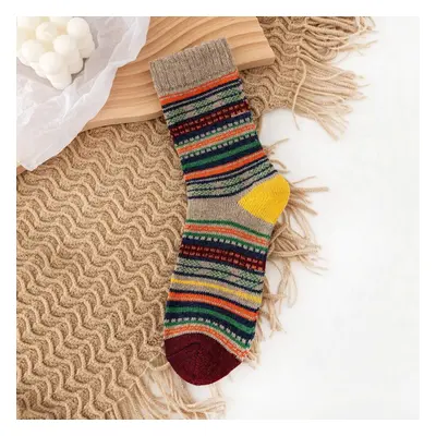 (Khaki) Pairs Men Rabbit Fur Wool Blend Geometric Striped Jacquard Color-match Thicken Warmth So