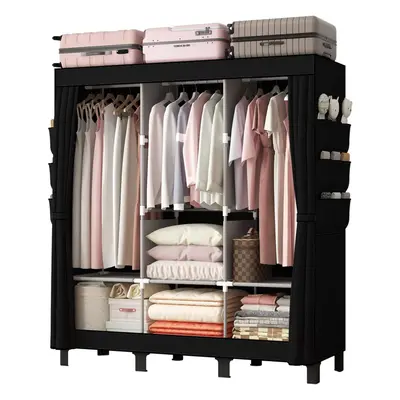 (Black) Canvas Wardrobe 130 cm, Bedroom Wardrobe, Fabric Bedroom Wardrobe with Hanging Rails and