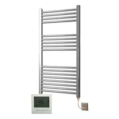 Greened House Electric Chrome 500W x 1000H Flat Towel Rail + Timer and Room Thermostat Bathroom 