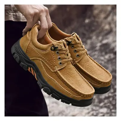 (khaki, 40) Men&apos;s Genuine Leather Shoes Classic Lace Up Outdoor Casual Shoes