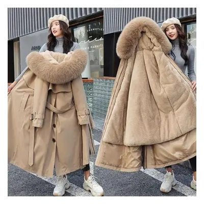 (khaki, M) Women Winter Jacket Hooded X-long Thick Faux Fur Padded Parkas Woman Distachable Plus