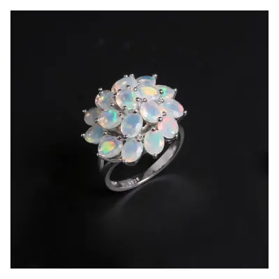 (white, us ring size 8#) Luxury Real 4.14 Ct Opal Ring Flower Design S925 Silver Natural Real Ge