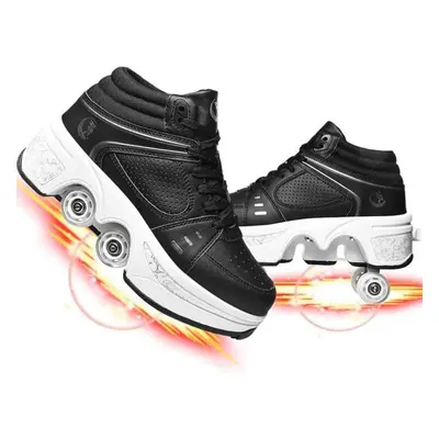 (black, 37) Outdoor Quad Wheel Rink Skates Deformation Skating Shoes For Adult /kids /girls /uni