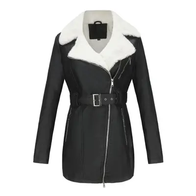 (black, XL) Women's Plush Jackets Faux Leather Pu Lapel Zipper Mid Length Warm Coat With Belt Lo