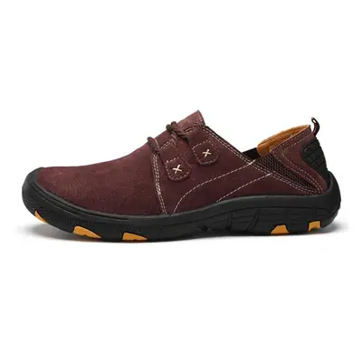 (wine red, 40) Genuine Leather Men&apos;s Hiking Shoes Casual Outdoor Trekking Walking Sneakers