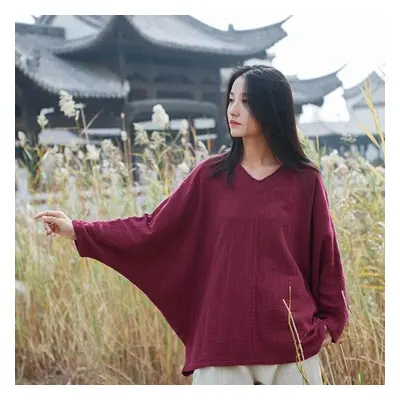 (One Size, wine red) Johnature Spring Autumn Bat Sleeve Shirts Vintage Women Cotton Linen V-neck