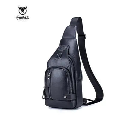 (black) Bullcaptain Leather Men&apos;s Chest Pocket One Crossbody Bags With Usb Rechargeable Che