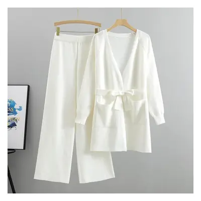 (white, XL) Spring And Autumn Women&apos;s Knitted Set Wide Leg Pants Knitted Cardigan Jacket Tw