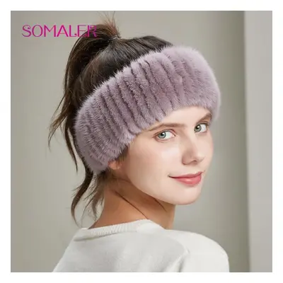 (purple) Somaler Winter Women&apos;s Mink Fur Headband Hand-sewn Fur Girl Headwear Fashion Femal